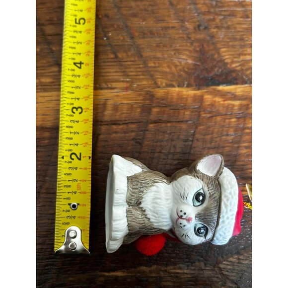 Vintage Jasco Porcelain Kitty Ornament With Santa Hat & Pom Pom Red White Brown - Picture 9 of 10
